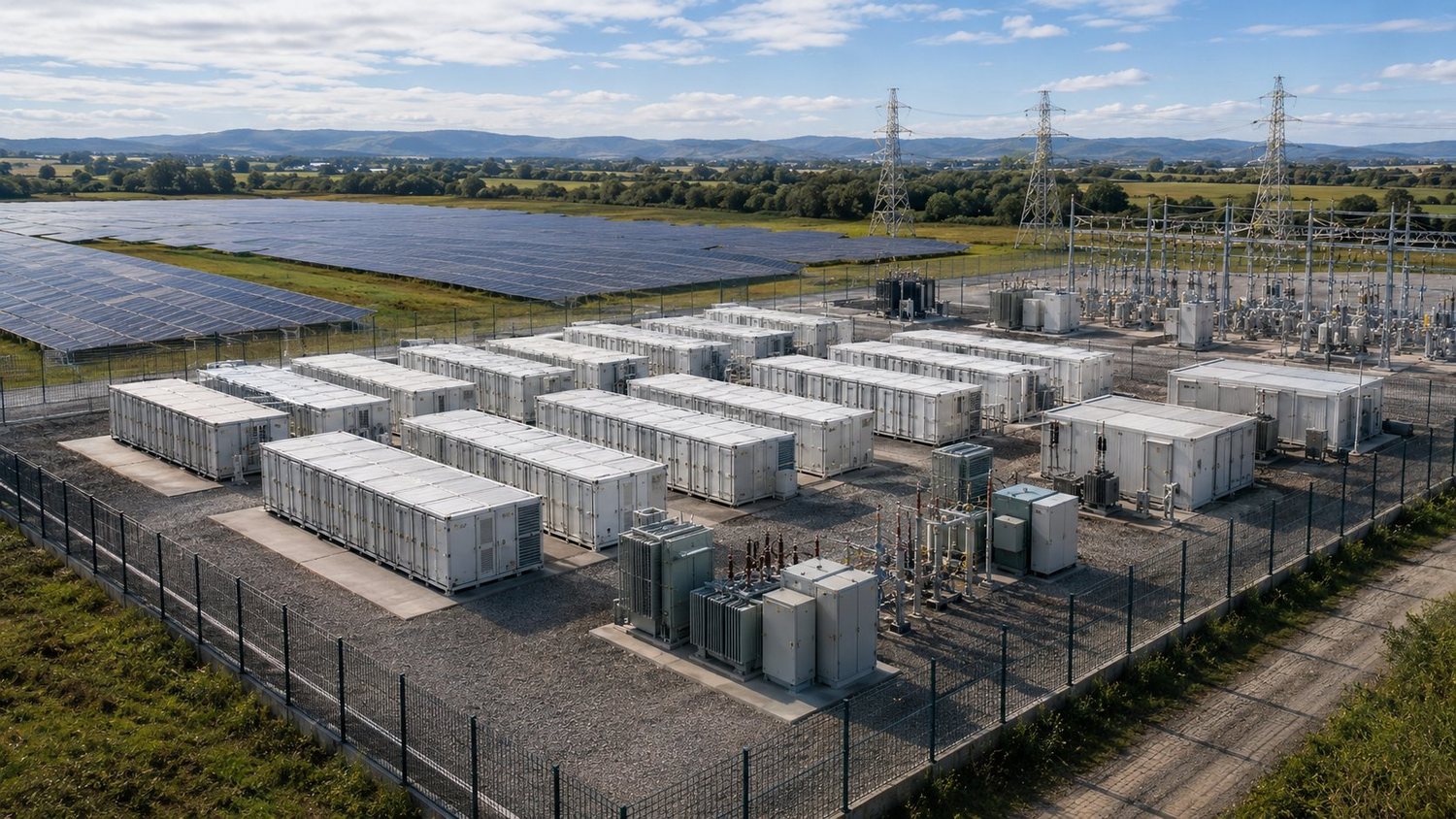 Netzgekoppelter Batterie-Großspeicher: Reihe von Speicher-Containern neben einem Freiflächen-Solarpark mit Umspannwerk und Netzanschluss